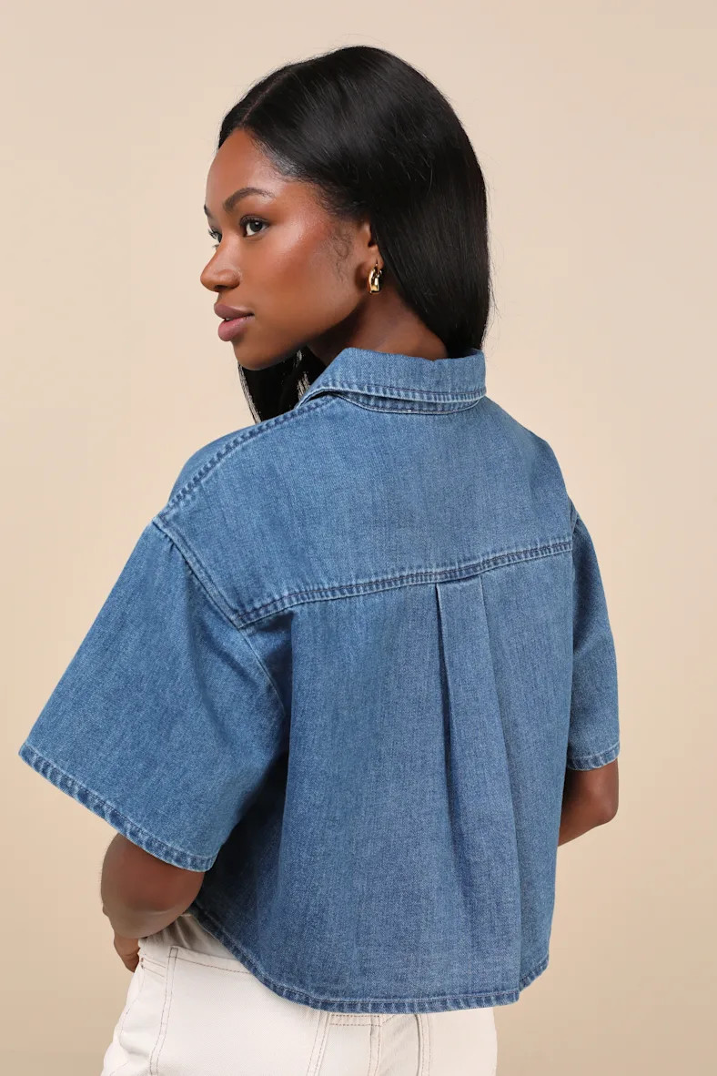 Ensured Cuteness Medium Wash Denim Button-Up Collared Top | Lulus
