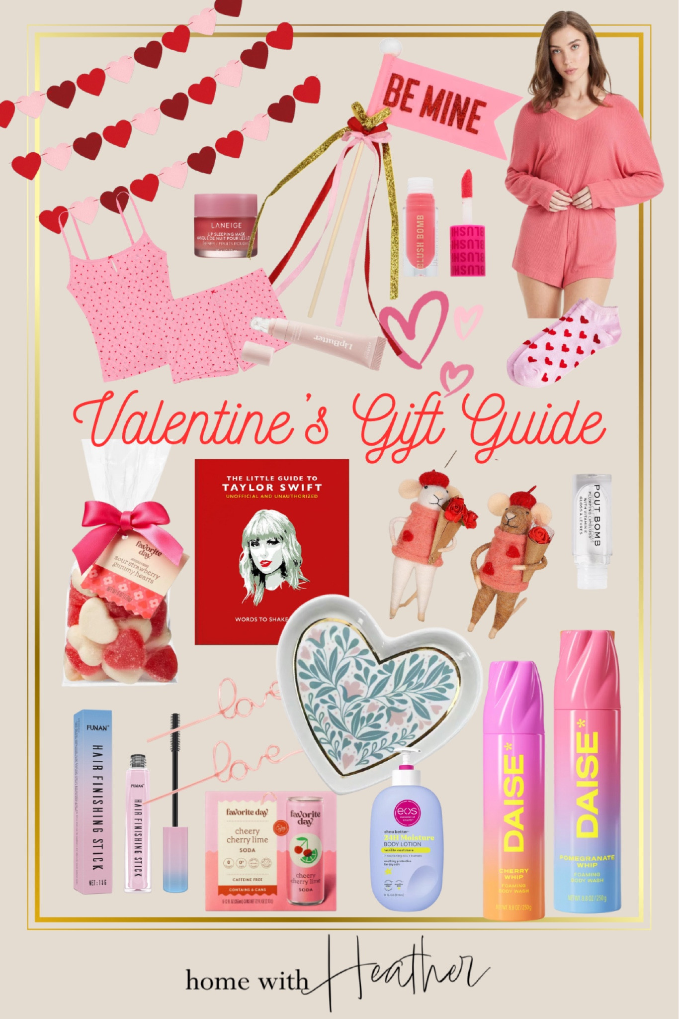 Valentine’s Day gifts for girls
Teen girl gift ideas
Valentine’s Day pajamas 
Valentine’s Day treats 
Heart Garland 
Floral Cherry makeup bag
Women’s ribbed sleep shorts
Cozy women’s ribbed pullover 
Hair finishing stick
Favorite Day cherry soda
Love script straws
The little guide to Taylor swift book - how to shake it off book 
Felt Mice Valentine ornaments 
Heart pajamas 
Revolution Pout Lip Oil
Be mine Valentine Heart Pennant
Floral ceramic heart jewelry dish
Red & White sour candy 
Heart socks 
DAISE foaming body wash
Kylie Lip Butter 
Heart Cami pajamas 
eos shea better moisture body lotion
Revolution coral Blush Bomb
Cream blusher 
Valentine’s Day goodie baskets 

#LTKGiftGuide #LTKSeasonal #LTKFamily