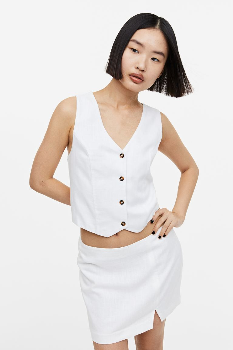 Linen-blend Mini Skirt - Regular waist - Short - White - Ladies | H&M US | H&M (US + CA)