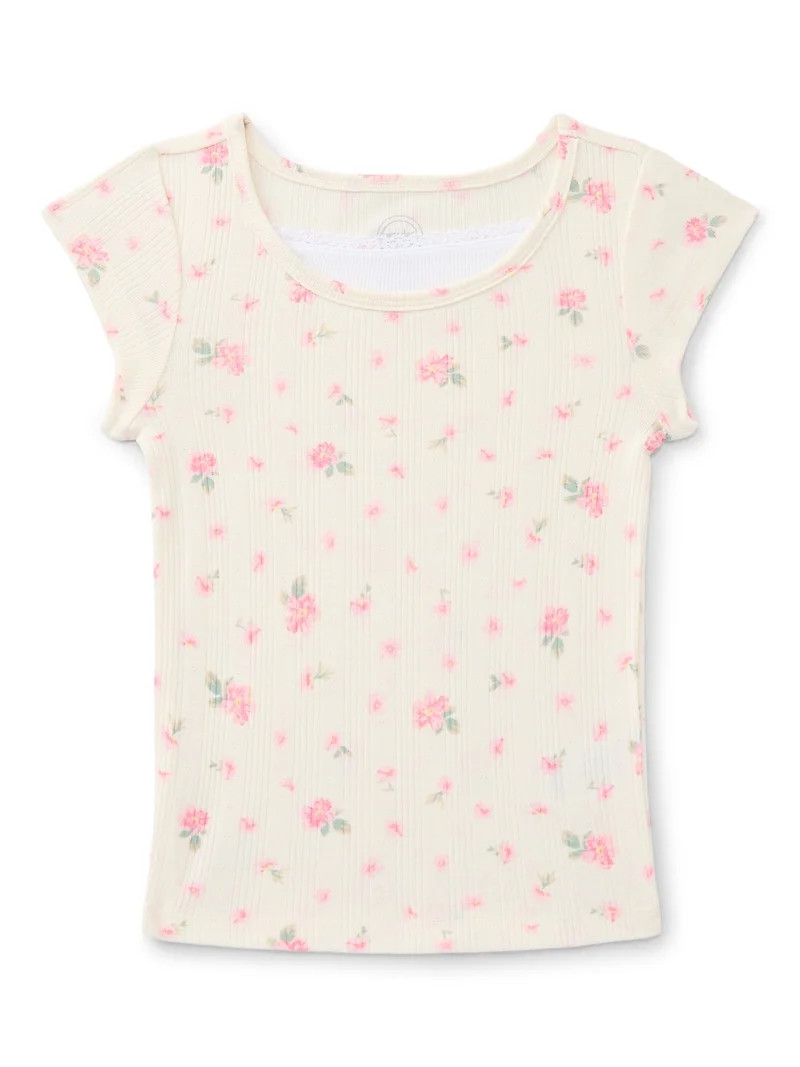 Wonder Nation Girls Pointelle Lace Top with Short Sleeves, Sizes 4-18, Plus | Walmart (US)