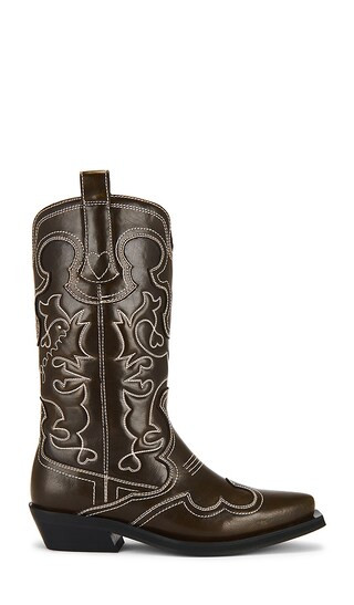 Mid Shaft Embroidered Western Boot in Dark Olive & Egret | Revolve Clothing (Global)