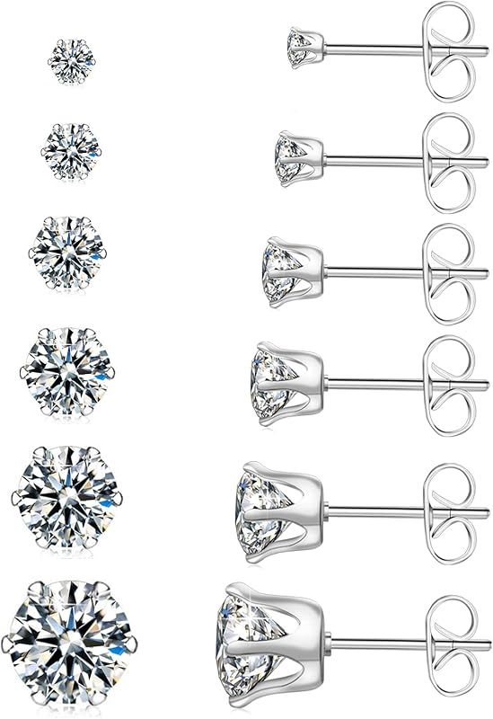 UHIBROS 6 Pairs Stainless Steel Stud Earrings Set Hypoallergenic Cubic Zirconia 14K White Gold 316L  | Amazon (US)