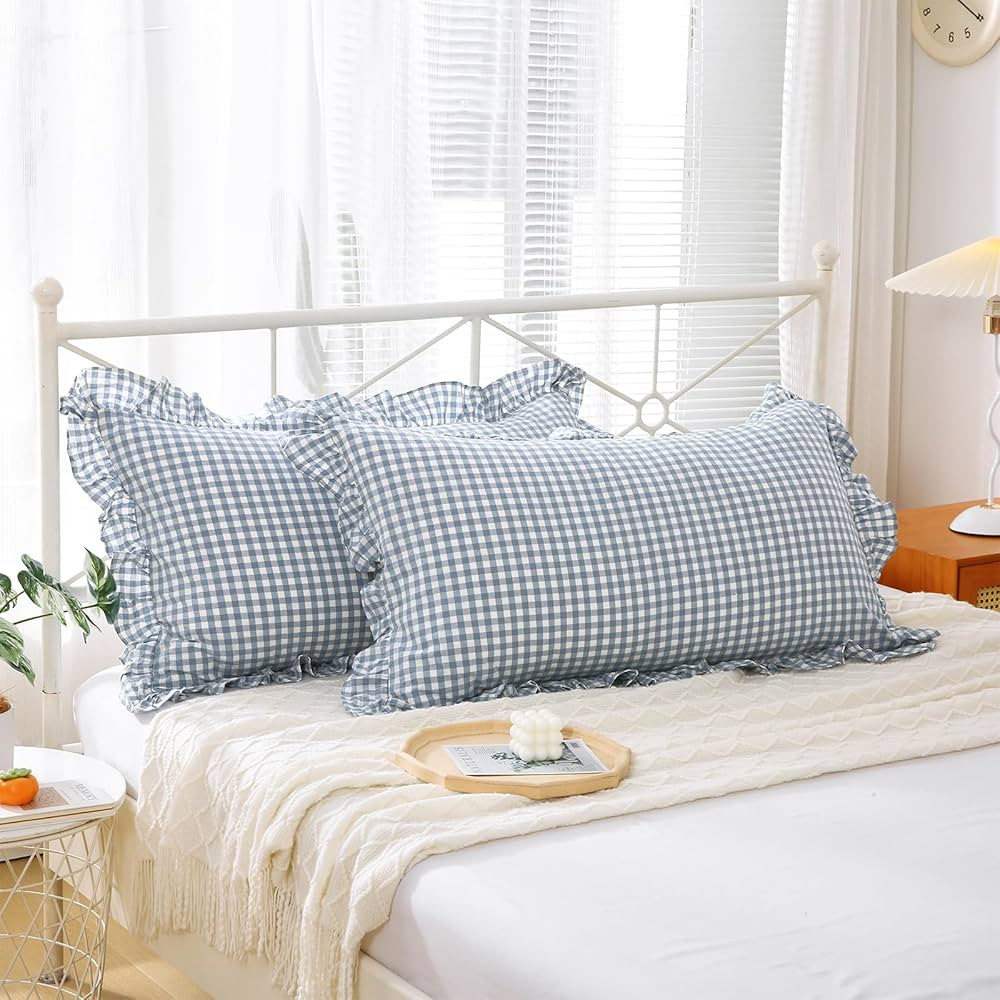 2 Pack Dust Blue White Plaid Ruffle Pillow Shams Standard Size 20x26 inches, 100% Washed Cotton G... | Amazon (US)