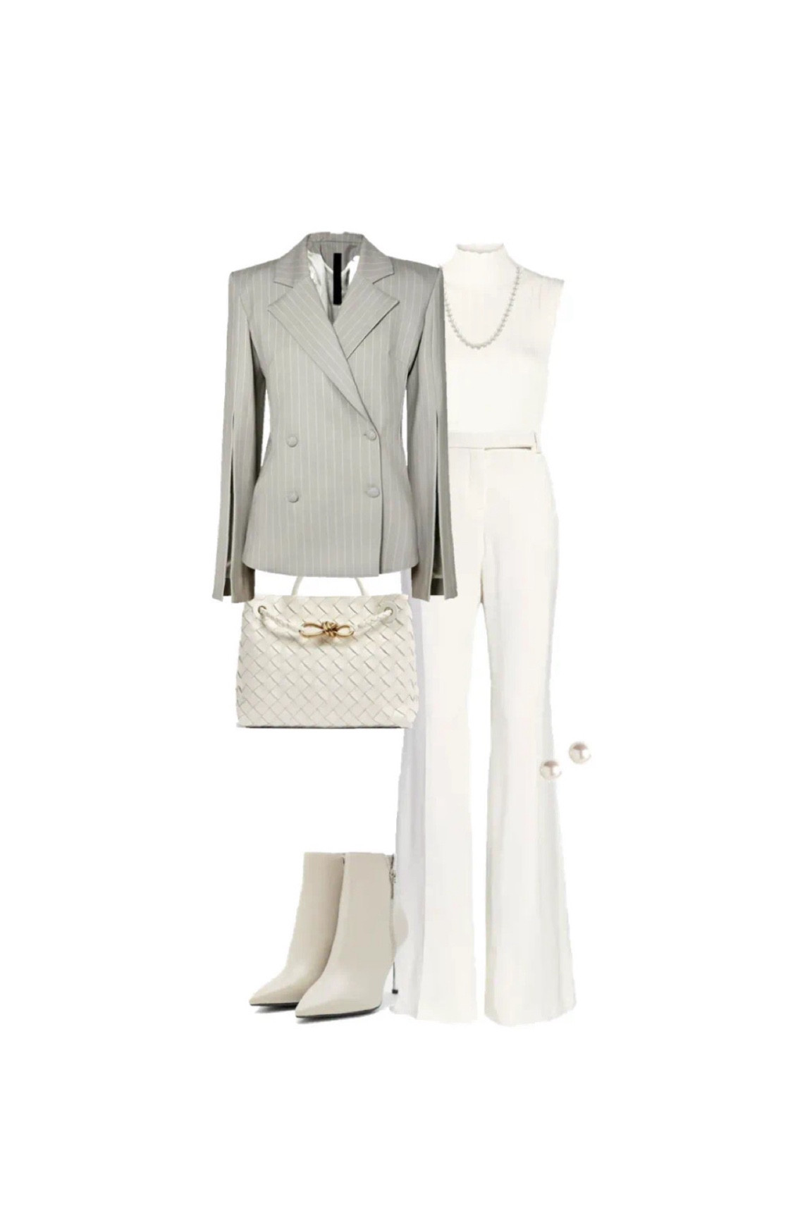 Easy workwear 
Get dressed in ease with a combo of two colours 
Bottega bag 
Beige heels 
White business trousers 
White sleeveless ribbed top 
Pearl necklace 
Pearl earrings 
