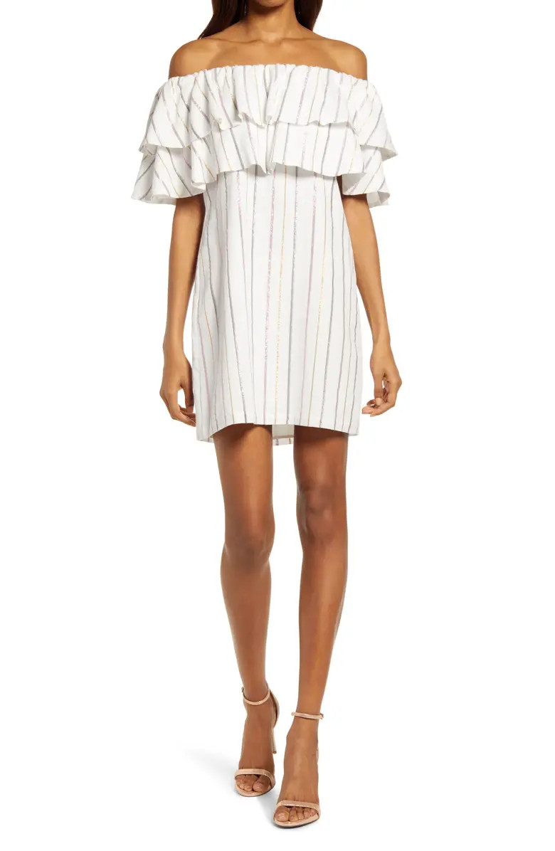 Metallic Stripe Off the Shoulder Popover Dress | Nordstrom