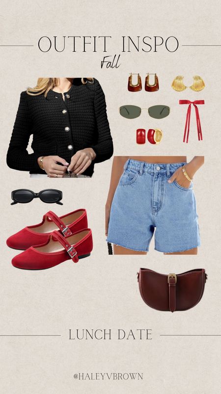 Fall Lunch Outfit, Black Oval Sunglasses, Black Cardigan with Buttons, Black Loafers, Silver Ballet Flats, Red Chunky Earrings, Red Hair Ribbon, Red Handbag, Rectangle Sunglasses, Jean Shorts, Red Fall Accessories, Fall Outfit Inspo, Fall Transitional Outfit, Gold Chunky Earrings

#LTKshoecrush #LTKstyletip #LTKSeasonal