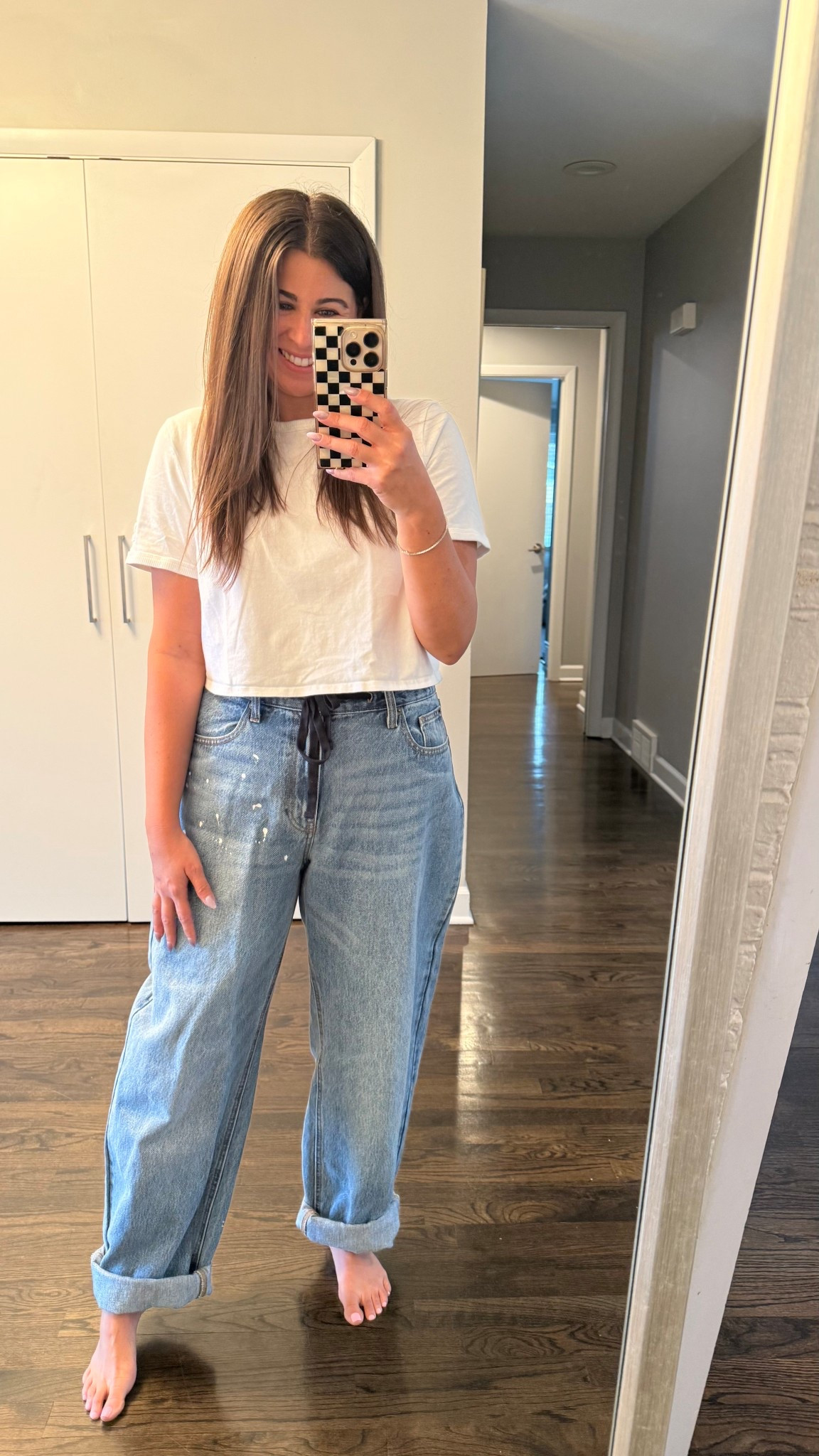 My mom uniform at it's finest! These jeans are comfy and cute! Love the drawstring tie at the waist! 

#LTKmomlife #LTKMidsize #LTKootd