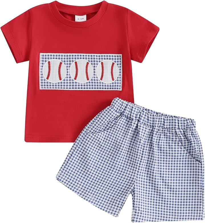 MoZiKQin Toddler Baby Boy Summer Clothes Short Sleeve Embroidery Baseball T-shirt with Plaid Shor... | Amazon (US)