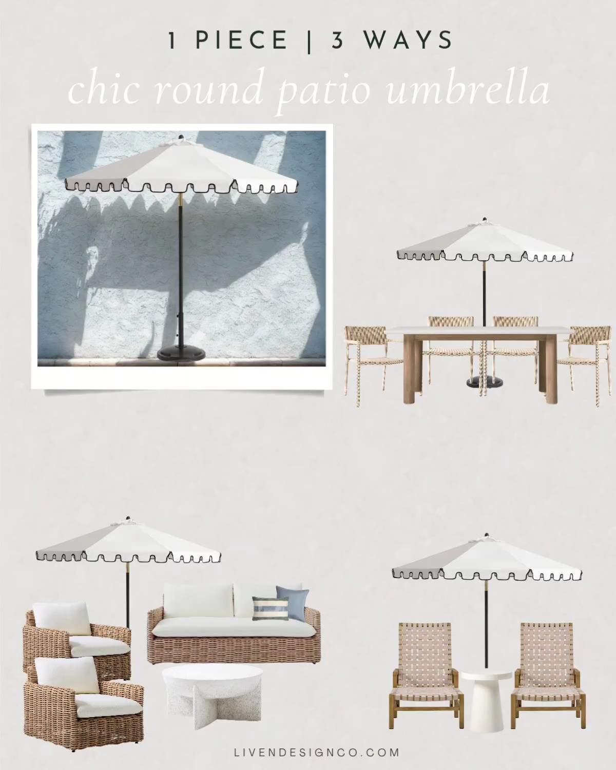 Chic patio umbrella. Style guide. Scalloped umbrella. Patio decor. Outdoor chaise lounge. Outdoor dining table. Outdoor wicker furniture. Outdoor throw pillows 

#LTKSeasonal #LTKHome #LTKSaleAlert