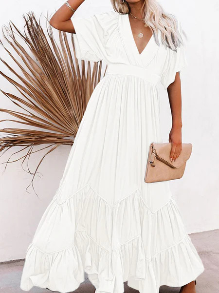 Women's Deep V Neck Short Sleeve Long Dresses Swing A-Line Maxi Dress | PinkQueen Apparel Inc.