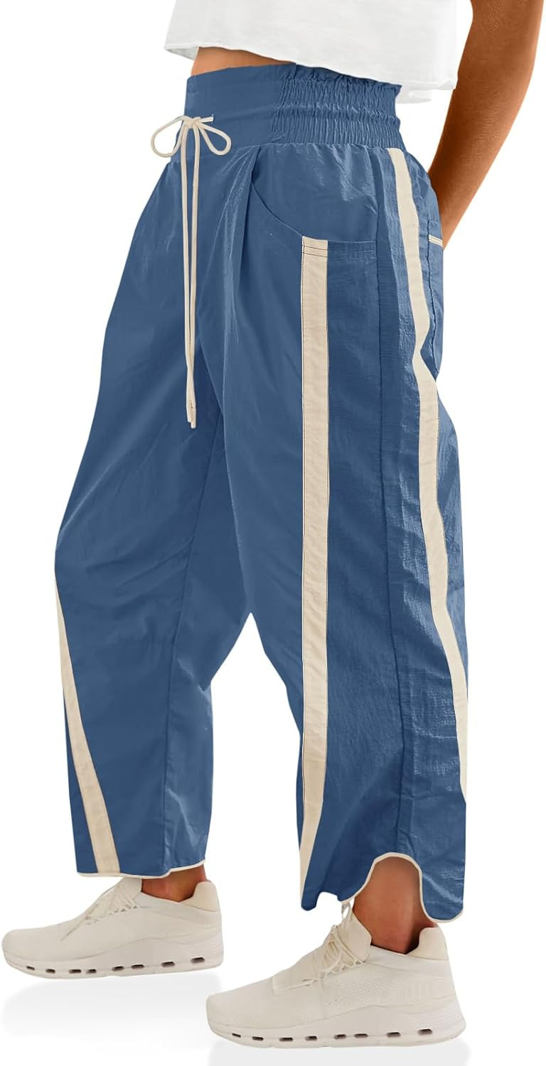 Fisoew Women's Baggy Wide Leg Pants Casual Drawstring Elastic Waisted Contrast Color Workout Y2K Track Pants | Amazon (US)