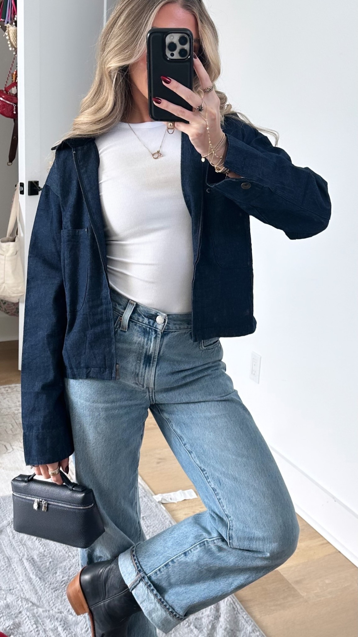 Jeans @aritzia, top @nuuds, bag @amazon, necklace @electricpicks, jacket @amazon

Aritzia 7 years blue taboo size 24 jeans. The iconic '70s wide leg
Inspired by bold, adventurous '70s icons, The Farrah is Denim Forum’s signature wide-leg jean. With a high rise and slim hip, The Farrah hugs the figure and flares gradually out from the leg, ending in a clean hem. They're made with heavyweight, non-stretch denim that molds to your body over time. This fabric is sourced from a premier Italian mill and made with 100% regenagri-certified regenerative cotton. So go ahead, ride a skateboard. Fight crime. But do it with big hair. This version comes in a light medium indigo wash. The Farrah has been recently updated with a slightly lowered rise and a zip front for that perfect '70s look.

#LTKSeasonal #LTKFindsUnder100 #LTKSaleAlert