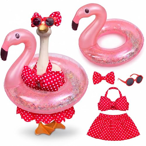 Abbylike Summer Bikini Porch Goose Outfits Hawaiian Goose Clothes Fits 23" H Cement Plastic Statue with Hat Sunglasses & Swimming Ring for Outdoor Garden Lawn Patio Yard Decor(Flamingo) | Amazon (US)