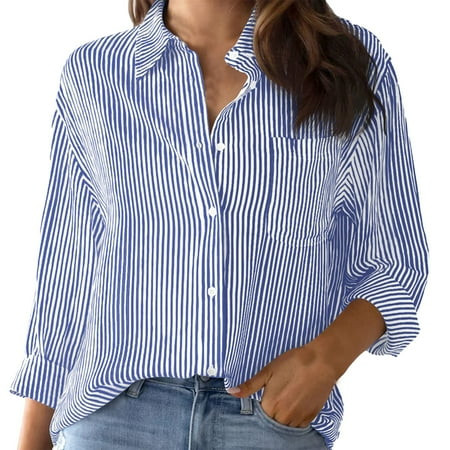 YUEJUIR Business Casual Tops For Women Cotton Striped Button Down Shirt For Women Little Oversized Long Sleeve Blouses Dress Shirts Work Tops Dress Shirts For Women (Blue XL) | Walmart (US)