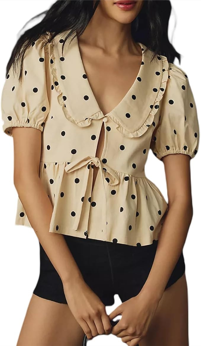 Women Puff Sleeve Peplum Shirts Y2k Tie Front Babydoll Shirt Short Sleeve Cute Ruffle Hem Loose B... | Amazon (US)