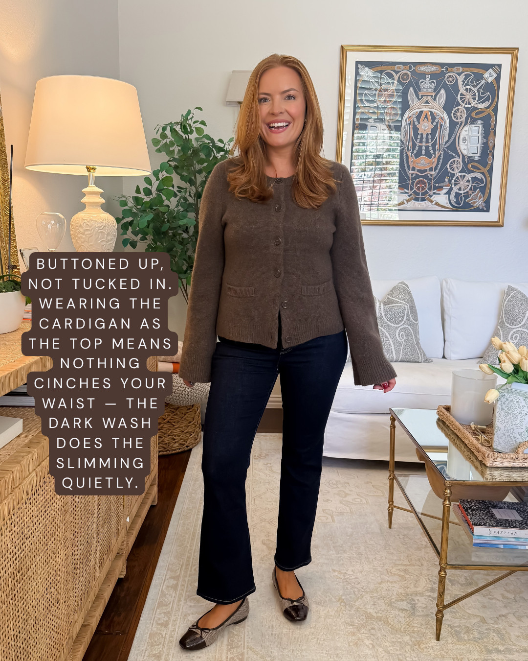 Buttoned up, not tucked in 🤍 Wearing the cardigan as the top means nothing cinches your waist — the dark wash does the slimming quietly. Wearing size 28 in pants and a small in top! 

#LTKMomStyle #FallWorkwear #OfficeOutfits #WorkwearStyle

#LTKWorkwear