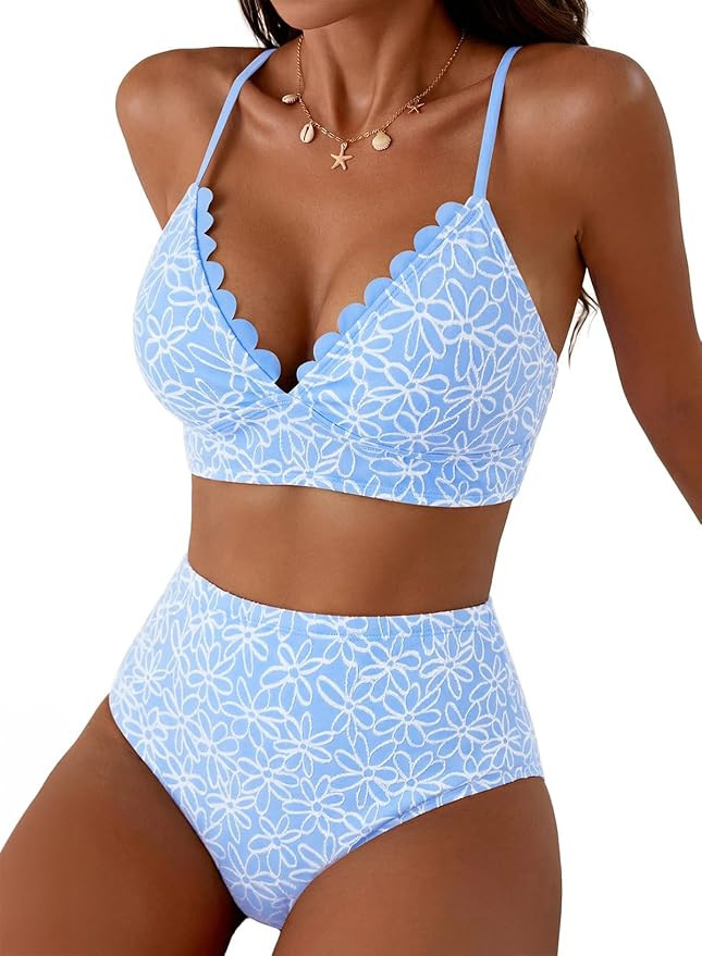 Herseas Women's Embroidered Flowers Bikini Sets Scalloped V Neck Swimsuits High Waisted Bathing S... | Amazon (US)