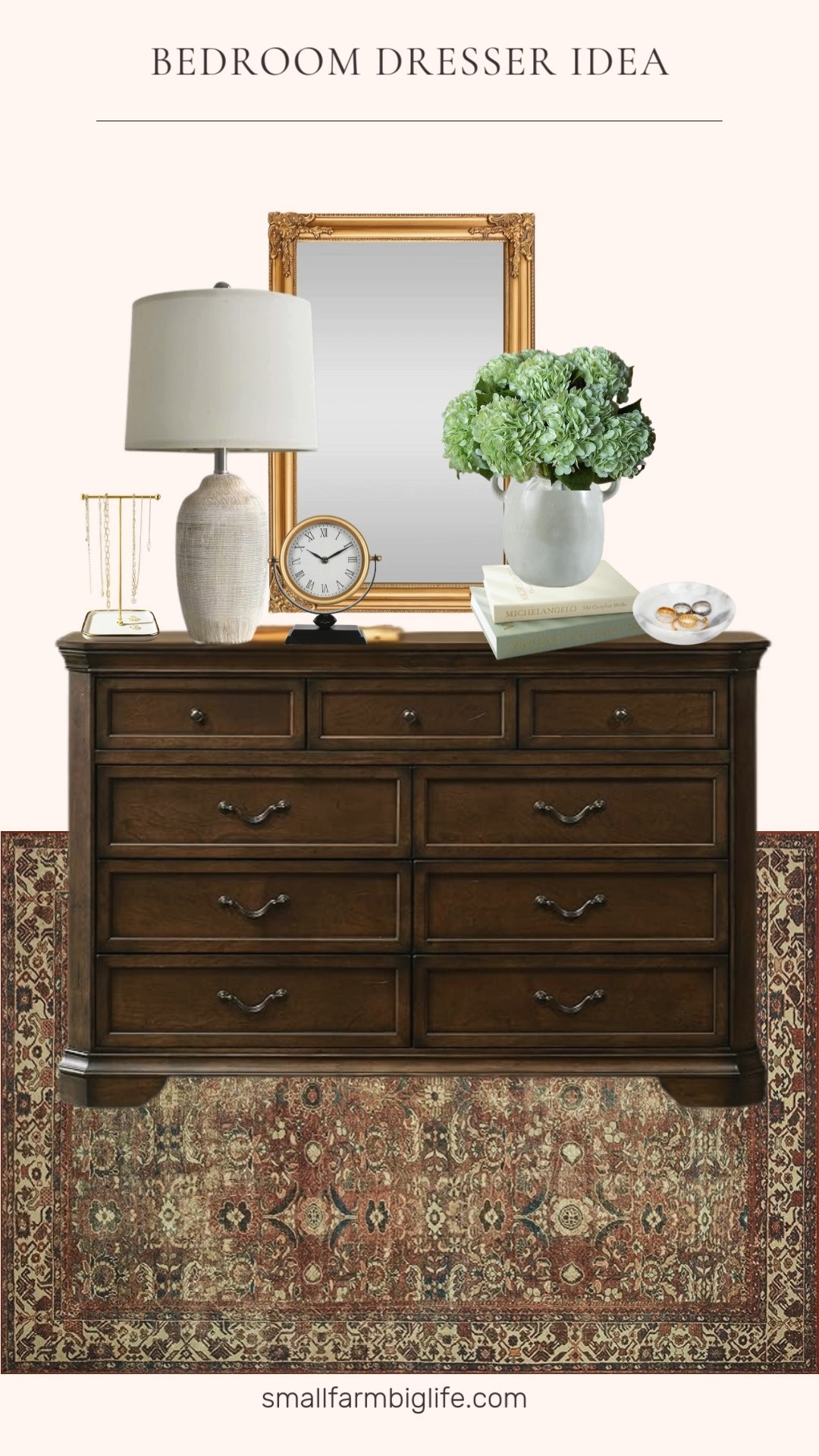  

 I need to style the dresser in our bedroom. I made this mock-up in Canva of what I’d like it to look like. I’m trying to decide if I want a gold mirror like this or art on the wall. I love this big lamp, the table clock and the necklace holder. 

I’m also wanting faux hydrangeas either on my dresser or my nightstand. I love the texture they add  

#LTKHome