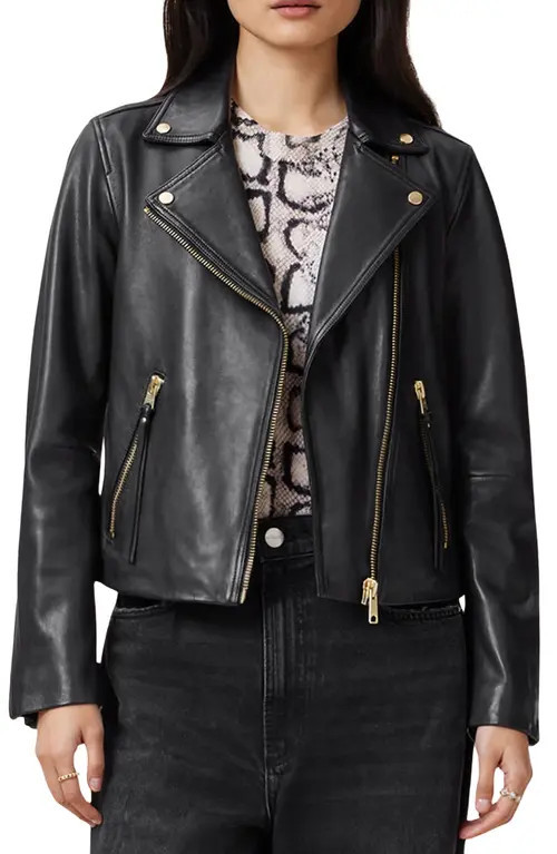 AllSaints Dalby Leather Biker Jacket in Black/gold at Nordstrom, Size 10 | Nordstrom
