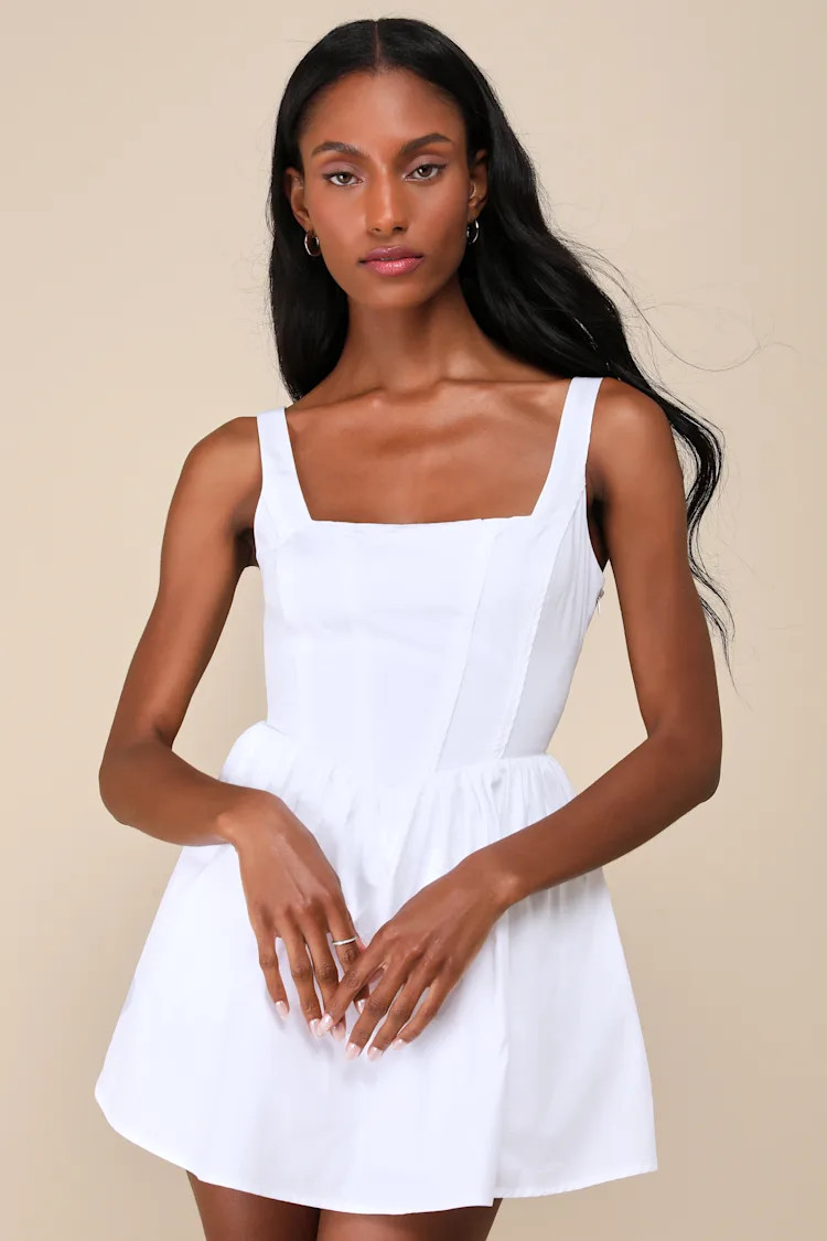 Endearing Energy White Poplin Square Neck Bustier Skort Romper | Lulus