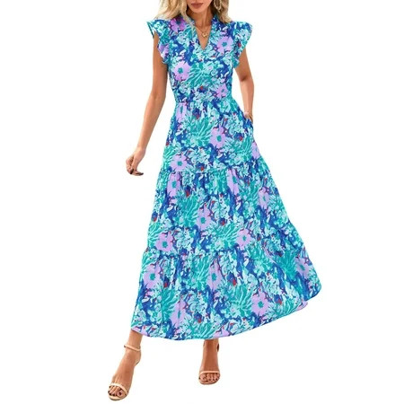 PRETTYGARDEN Women's Summer Floral Midi Dress Cap Sleeve V Neck Ruffle Long Flowy Boho Casual Beach Vacation Dresses | Walmart (US)