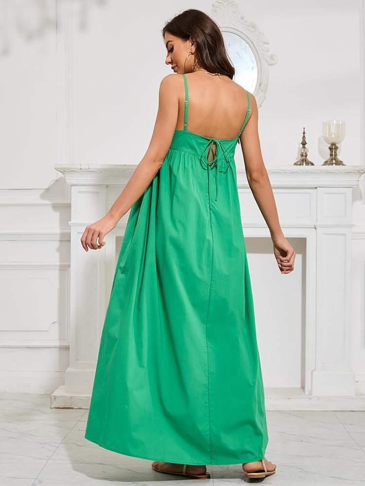 ebossy Women's Summer Backless Tied Spaghetti Straps Casual Loose Cutout Maxi Dress with Pockets | Amazon (US)