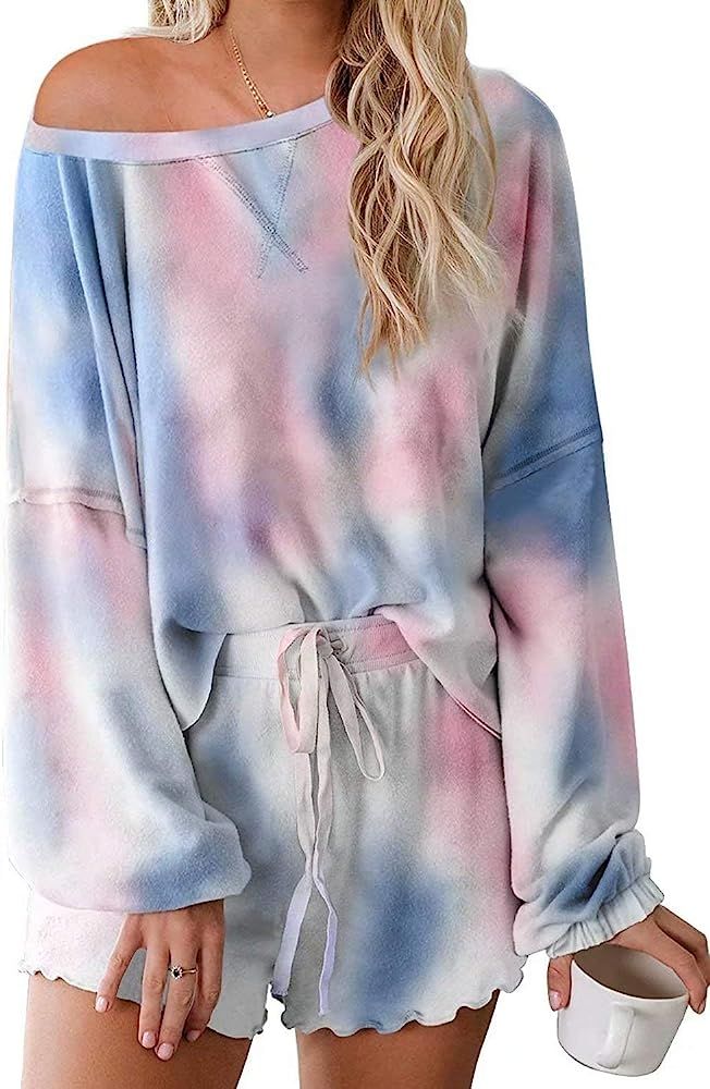 LACOZY Women's Long Sleeve Tie Dye Ruffle Shorts Pajamas Set Loungewear Nightwear Sleepwear | Amazon (US)