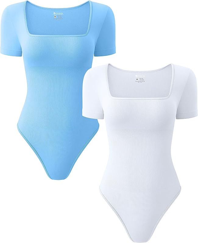 OQQ Women's 2 Piece Bodysuits Sexy Ribbed One Piece Square Neck Short Sleeve Bodysuits | Amazon (US)