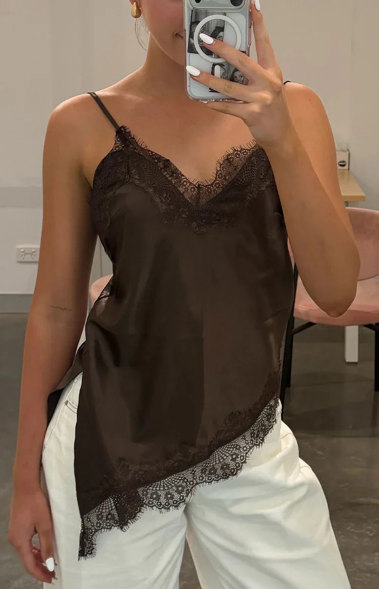 Ziva Brown Satin Lace Asymmetrical Top US 0 | Beginning Boutique (US)