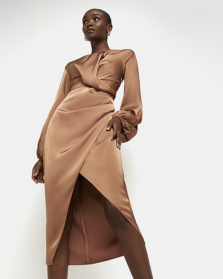 Bronze satin wrap midi dress | River Island (UK & IE)