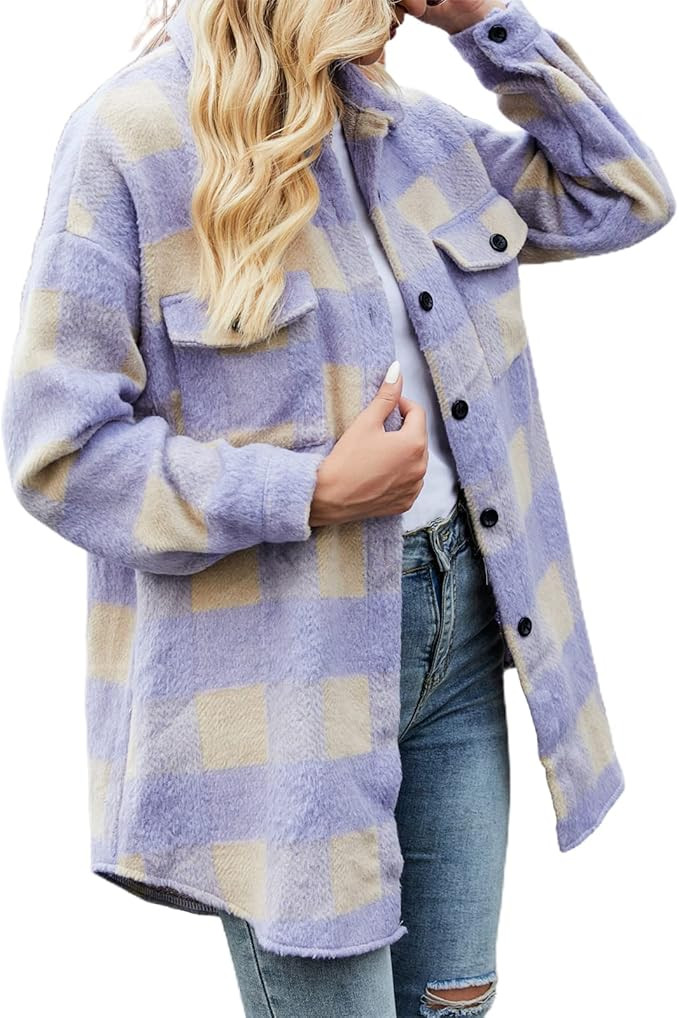 Women Vintage Long Sleeve Lapel Plaid Shirt Pockets Coats Tops Shacket Casual Buttoned Cardigan J... | Amazon (US)