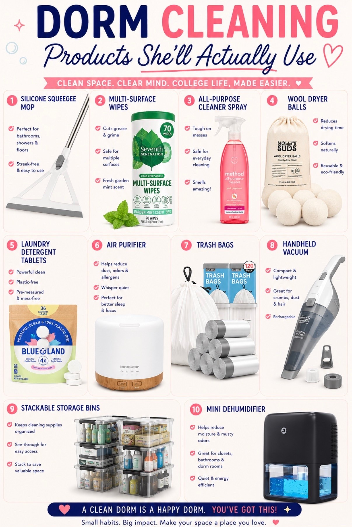A clean dorm is a happier dorm! 🧼✨

These are the dorm cleaning essentials she’ll actually use all semester long—not just during move-in. From a mini dehumidifier and handheld vacuum to eco-friendly cleaners, storage bins, laundry tablets, and dryer balls, these Amazon finds make it easy to keep a dorm room fresh, organized, and stress-free.

Save this post before move-in day and check everything off your list! 🎓🩷

#DormRoomEssentials #CollegeMoveIn #DormLife #AmazonFinds #CollegeMustHaves

#LTKU #LTKmomlife #LTKHome