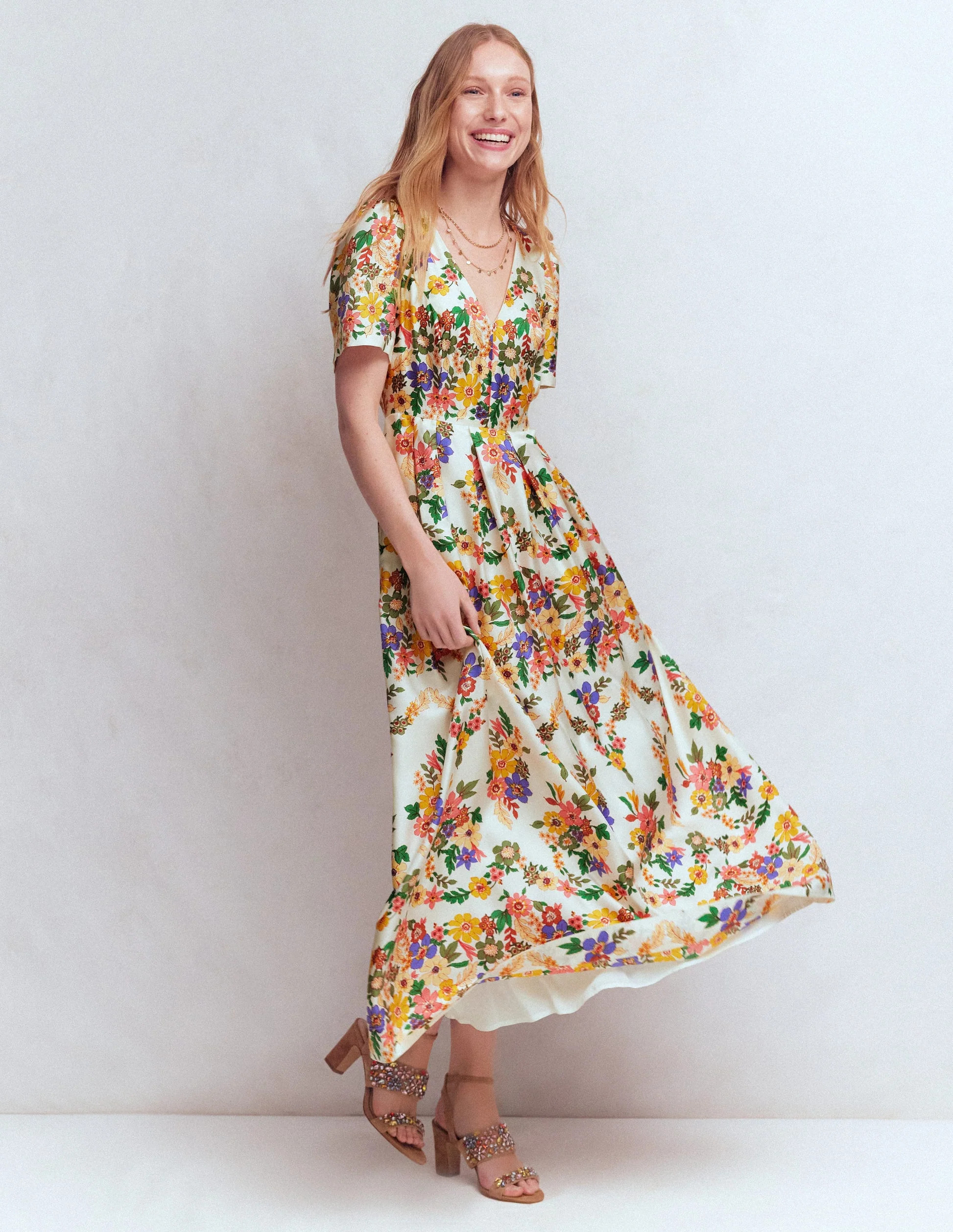 Pleat V-neck Dress-Multi Meadow Flowers | Boden (US)