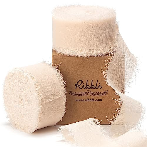 Ribbli Champagne Chiffon Ribbon 1 Inch x 20 Yard Handmade Fringe Chiffon Silk Ribbon Nude Ribbon for Gifts Wrapping, Wedding Invitations, Bridal Bouquets, Flower Arrangement | Amazon (US)