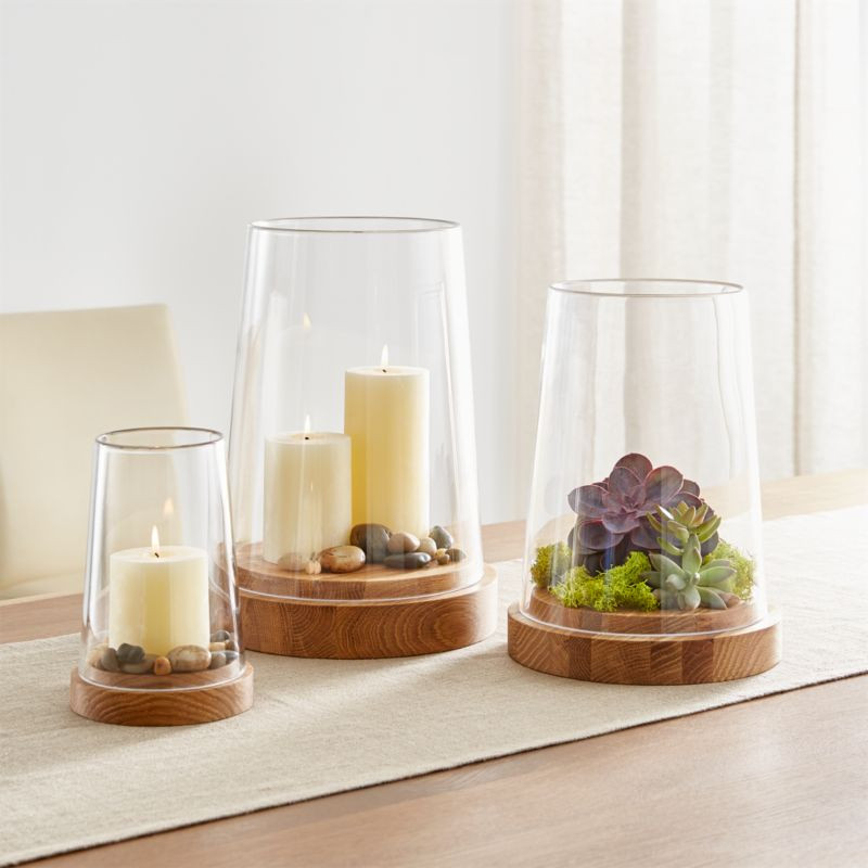 Ellery Hurricane Oak Candle Holders | Crate and Barrel | Crate & Barrel