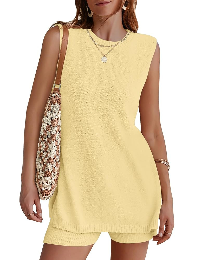 NENONA Women's Summer Sleeveless Sweater Lounge Sets Casual Loose Fit Tunic Tops and Shorts 2 Pie... | Amazon (US)