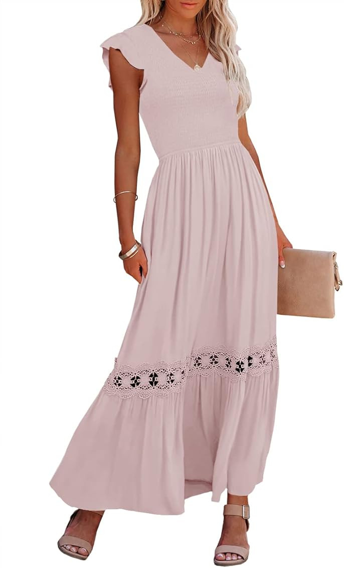 Ferlema Womens Maxi Dresses V Neck Ruffle Short Sleeve High Waist Smocked Casual Flowy Long Dress... | Amazon (US)