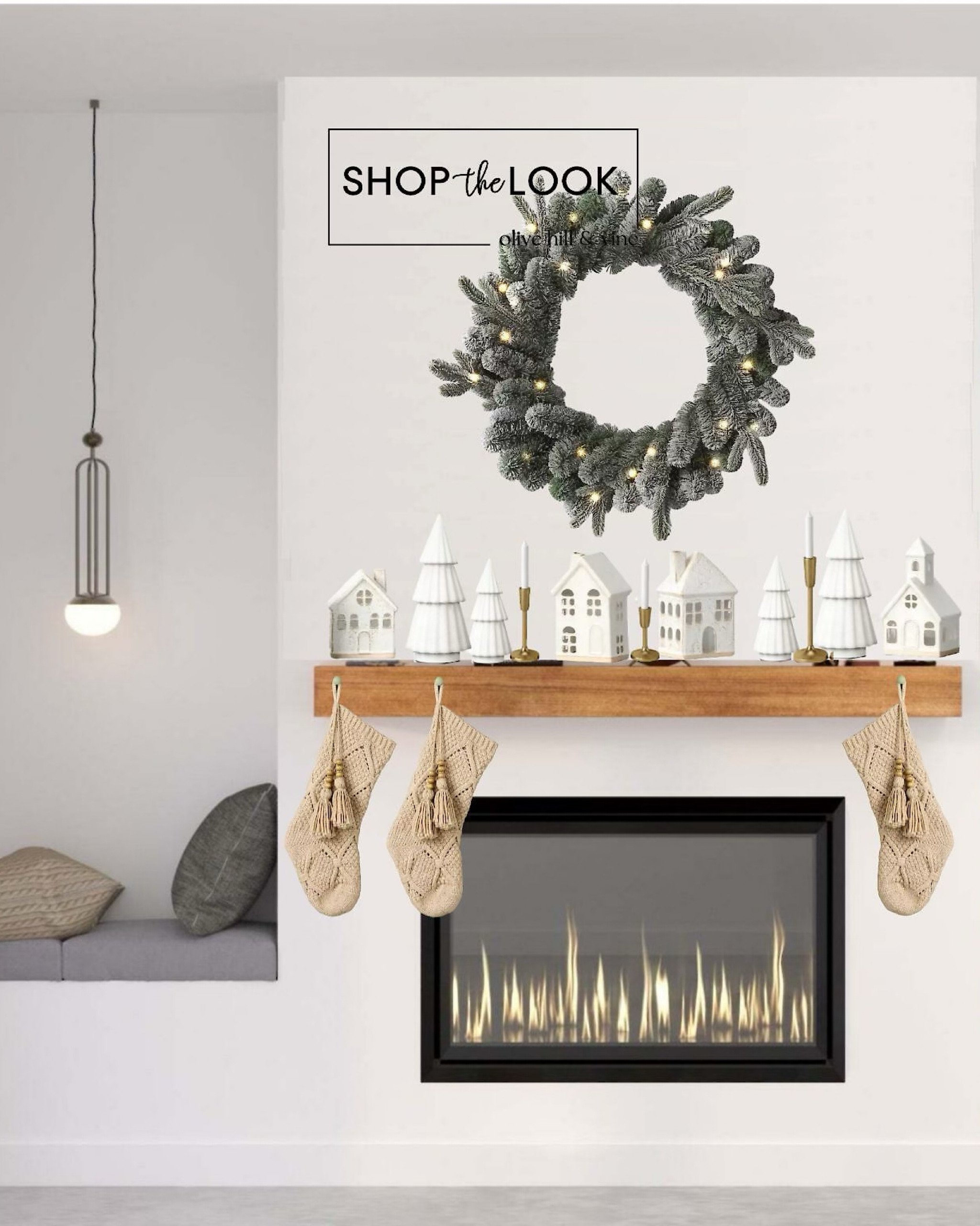 Get your home holiday-ready with this festive mantle decor idea! Begin with a pre-lit flocked balsam wreath for a cozy glow, then layer in sweater knit stockings. Add sparkle with a glittery Christmas tree figurine set, gold taper candle holders, and a charming 10-piece ceramic Christmas village set. 

#LTKHoliday #LTKSeasonal #LTKHome