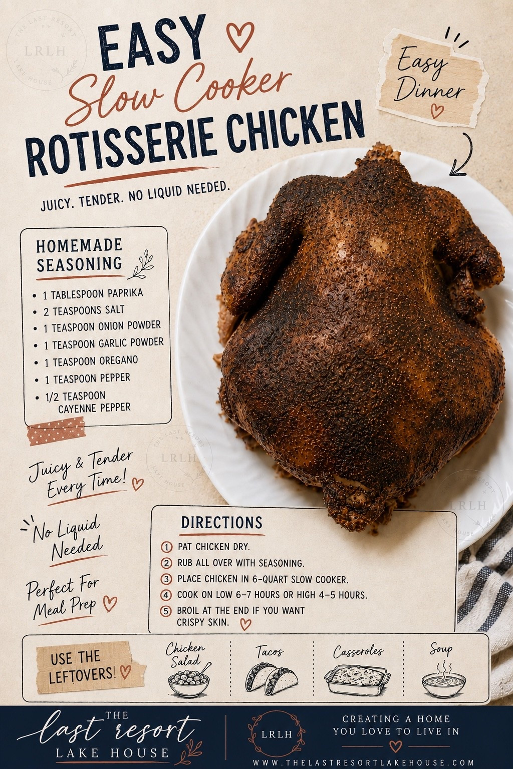 Apparently I’ve reached the age where buying a whole chicken and making it myself feels rebellious. 😆

This slow cooker rotisserie chicken is one of my favorite kitchen shortcuts. A simple pantry seasoning, no liquid needed, and dinner practically makes itself.

Bonus: You’ll have leftovers for chicken salad, tacos, soup, or those little bites straight from the fridge that somehow don’t count.

Get the full recipe here:
https://thelastresortlakehouse.com/

#LTKfoodie #LTKHome #LTKmomlife