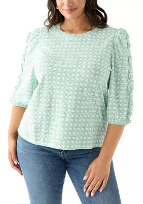 Crown & Ivy Women's Plus Size 3/4 Rouched Sleeve Top, Green, 2X | Belk
