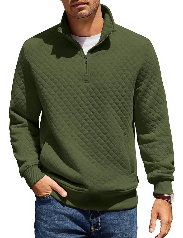 COOFANDY Mens Quarter Zip Pullover Quilted Sweatshirt Knit Long Sleeve Mock Neck Sweater Polo wit... | Amazon (US)