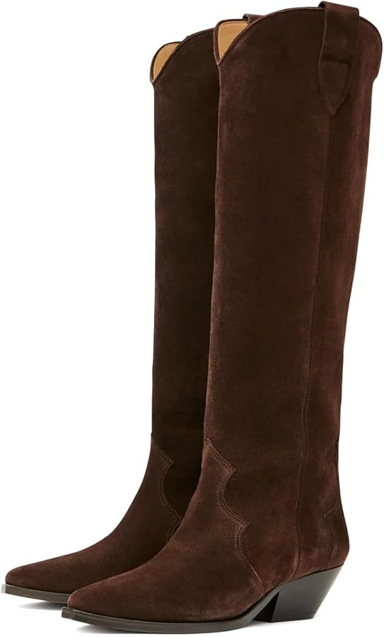 Suede Cowboy Boots for Women Pointed Toe Cowgirl Knee High Boots Chunky Heels Tall Boot Dressy Pu... | Amazon (US)
