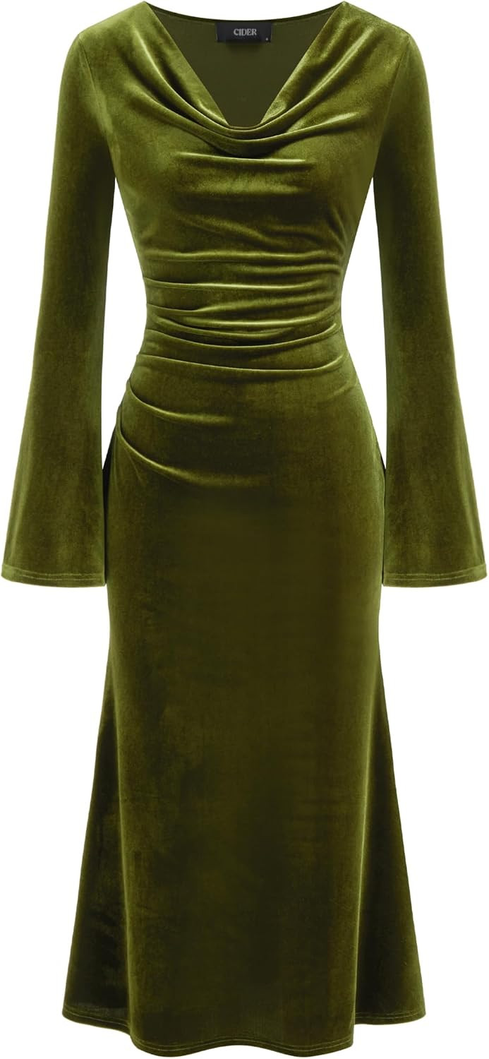 CIDER Velvet Dress Fall Wedding Guest Dresses for Women Long Belll Sleeve Cowl Neck Midi Cocktail Formal Dresses Trendy | Amazon (US)