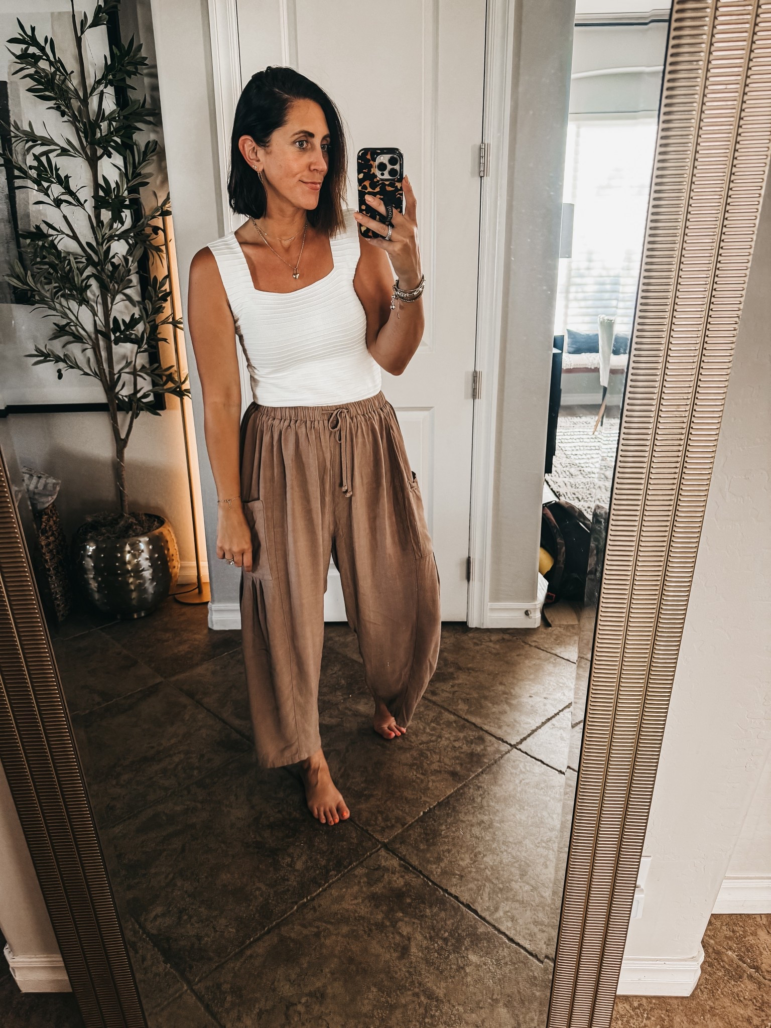 Easy casual spring outfit idea! Neutral! 🤎

• Wide leg barrel, drawstring, linen pants - size small 
• tank - size small ￼

Casual outfit idea, Mom style, spring outfit idea, Amazon, Amazon fashion, free people look for less ￼

#LTKOver40 #LTKootd