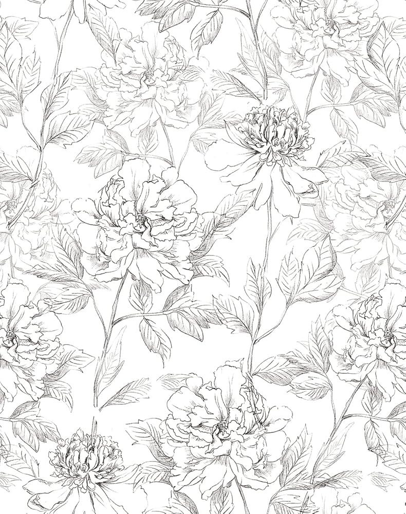 JiffDiff Black and White Floral Wallpaper 17.3" x 394" Peonies Removable Peel and Stick Floral Wa... | Amazon (US)