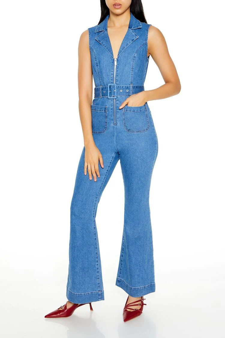 Women's Sleeveless Denim Zip-Up Jumpsuit in Medium Denim | Forever 21