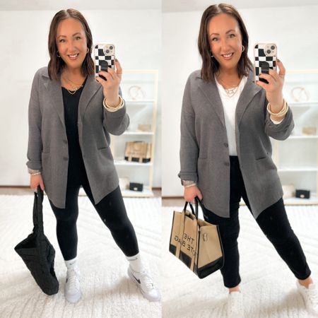 New sweater blazer from Walmart!  Size large but could also go with an xl for an oversized fit. XL tank. Large leggings. Large short jeggings. Sneakers run tts  

#LTKmidsize #LTKSeasonal #LTKfindsunder50