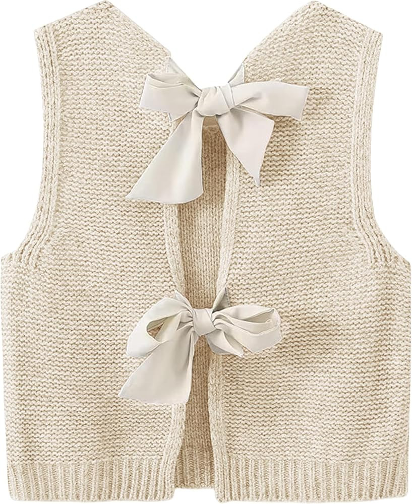 Sweater Vest for Women Summer Tops Bow Tie Back Knitted Tank Tops Casual Crop Cardigan Vest | Amazon (US)