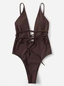 Solid Lace Up Plunging One Piece Swimsuit SKU: sw2201182293888807(1000+ Reviews)$12.49$11.87Join ... | SHEIN