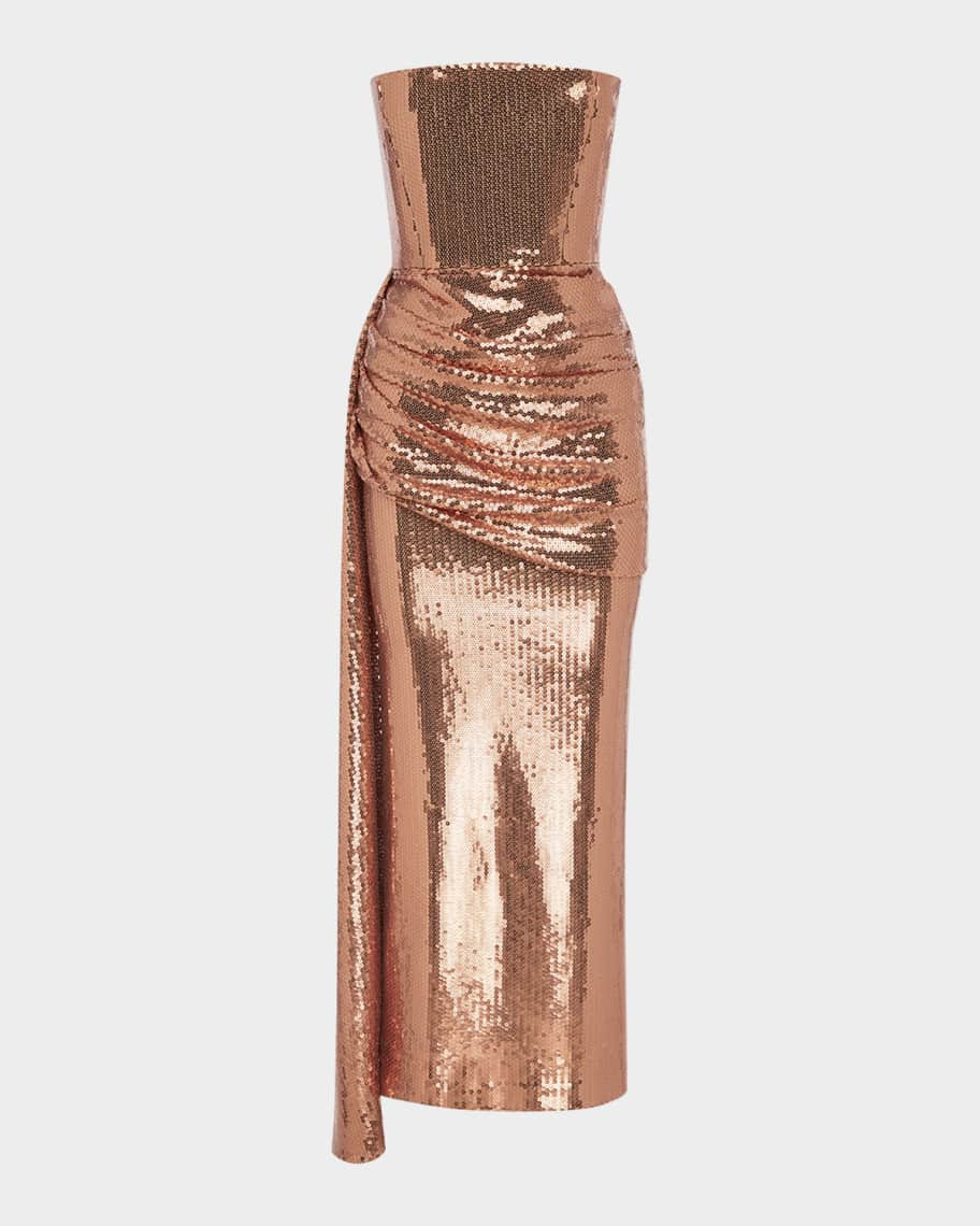 Alex Perry Strapless Draped Sequin Mesh Midi Dress | Neiman Marcus